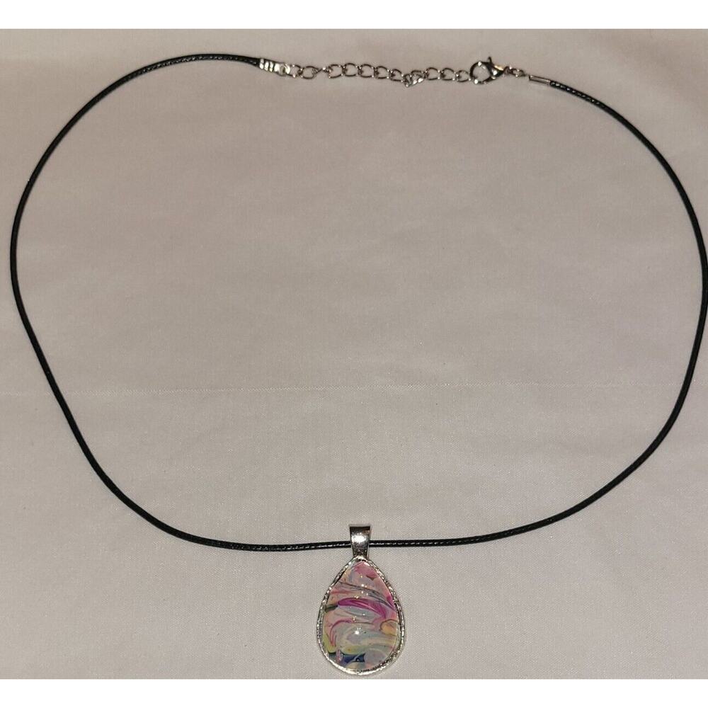 Handmade Acrylic Skin Pendant Necklace Teardrop Pink Blue White Silver Black - Picture 3 of 4